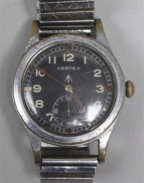 A gentlemans stainless steel Vertex military manual wind wrist watch.